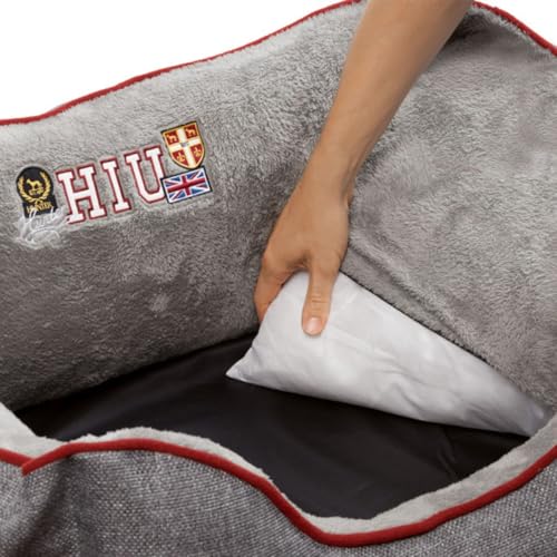 HUNTER Hundesofa UNIVERSITY, gemütliches Hundebett im College-Look, weiches Kuschelsofa mit Wendekissen, erhöhter Rand, Bezug waschbar, Farbe: grau, Größe: M