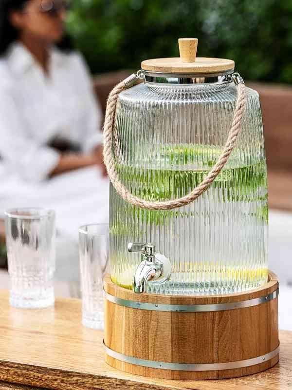 Glass Beverage Dispenser with Wooden Stand, Ribbed Design with Rope Handle and Spigot