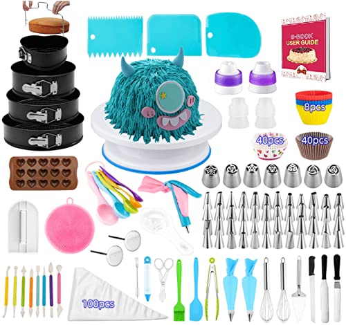 Suministros de decoración de pasteles, kit de decoración de pasteles, 3 paquetes de moldes para tartas con forma de resorte, tocadiscos giratorios de pasteles, 48 puntas de glaseado de tuberías Cover