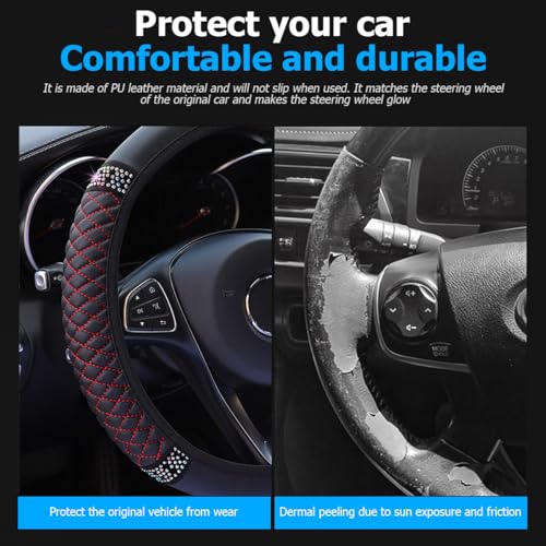 Image of Osilly Bling Car Steering Wheel Cover, 15 Inch Rhinestones Soft Leather Elastic Steering Wheel Protector, Sparkly Crystal Diamond for Women Girls (Black /Red)
