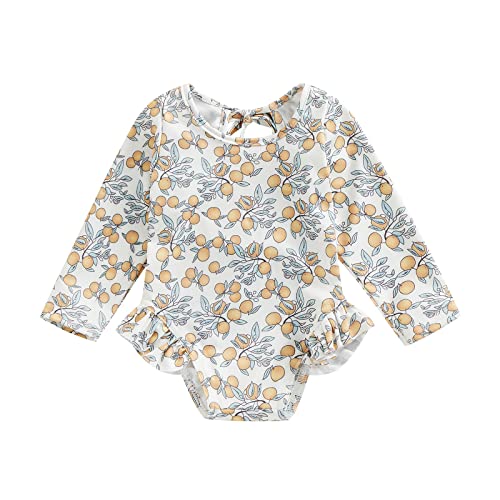 Image of Karuedoo Baby Girls One Piece Swimsuit Zip Rash Guard Swimwear Ruffled Long Sleeve Bathing Suit(#Fruits,6-12 Months)