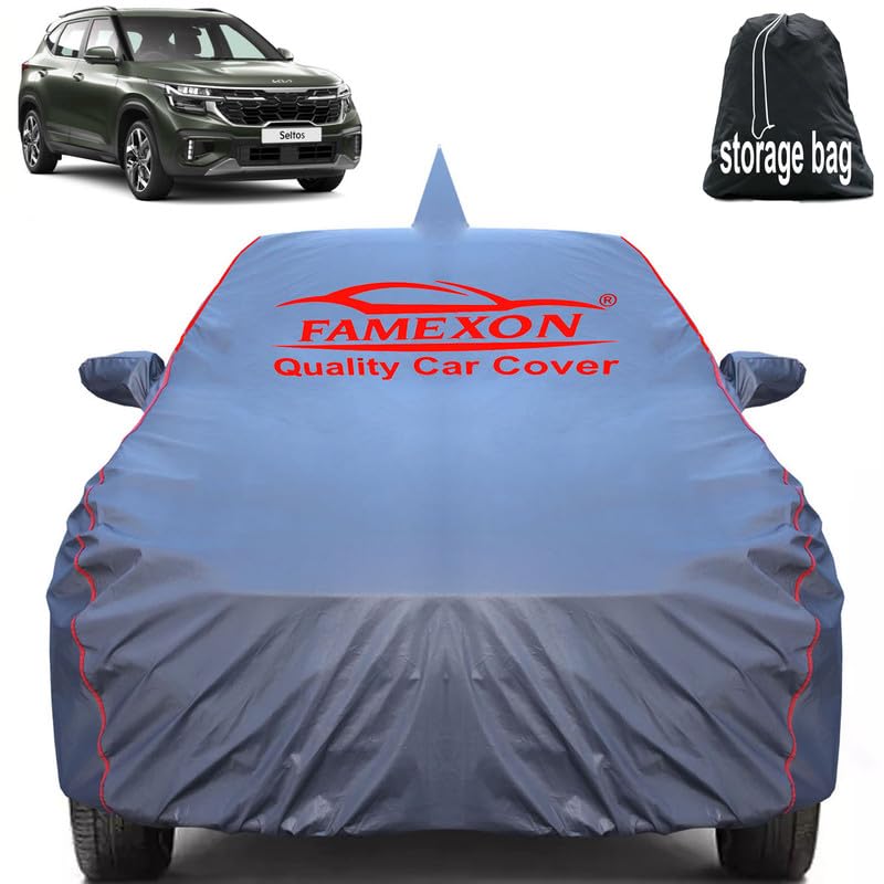 Image of Waterproof Car Body Cover Compatible for Seltos with Mirror Pockets, Scratchproof Car Cover Red Pipein Design Dust-Proof Sun Protection (Grey) LGWP6245