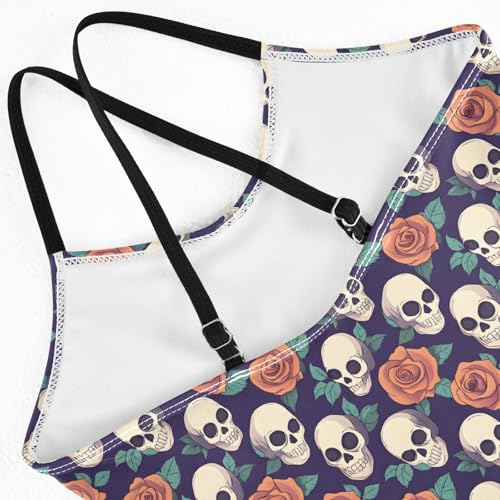 senya Girls Swimsuits One-Piece Swimwear Tie Bathing Suit Beach Summer Round Neck 5-6T Skull Red Rose Pattern4