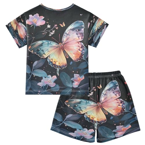 senya Short Sleeve Pajamas Sets Summer Cotton Sleepwear Colored Butterfly Surrounded by Floating Spring Leaves2