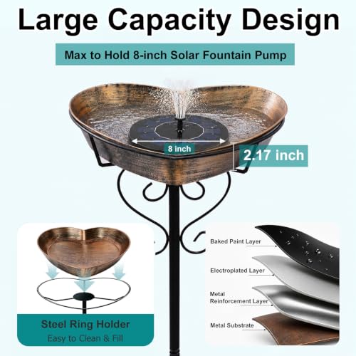 Image of Goodeco Metal Heart Bird Bath - 2.17 inch Deep, 12.1 inch Easy-Clean Removable Bowl | Vintage copper finish, 34.7 inch tall rust-resistant 5-pronged stake, romantic garden gifts for bird lovers, mom, or grandparents