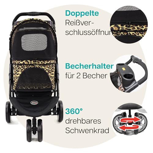 Hundebuggy Katzenbuggy für Reisen - Innopet Allure Cheetah – exklusiver Hundewagen mit Leopardenmuster, einhändig faltbar, mit Aufbewahrungskorb, 2 Sicherheitsleinen, pannensichere Räder – Hundewagen