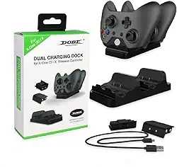 Base Dock Carregador Duplo Para Controle Xbox One Preto + 2 Baterias Recarregáveis Preta + Cabo Usb