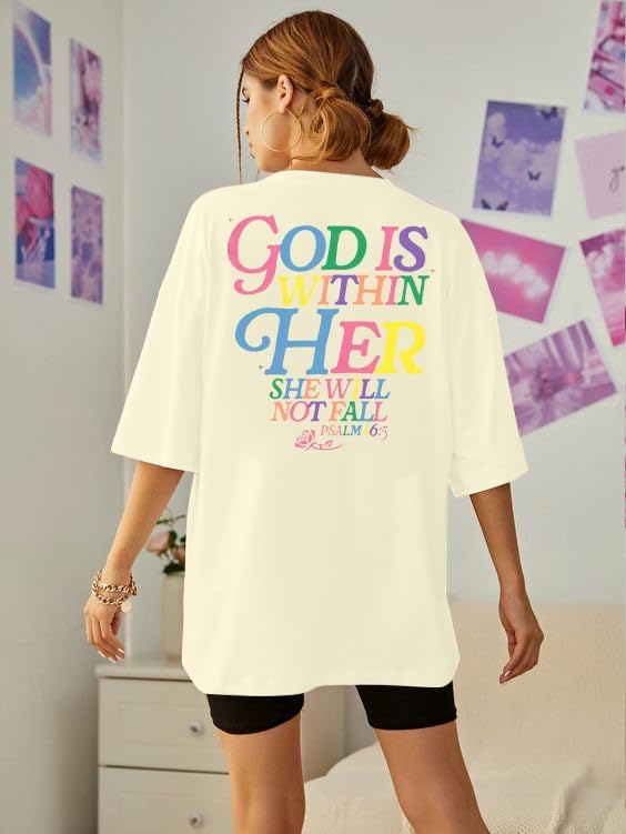 Oversized Christian Shirts for Women God is Within Her T Shirt Jesus Religious Gift Tee Bible Verse Inspirational Tops - Image 5
