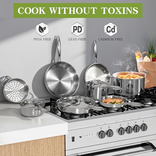 Image of Triple Ply Stainless Steel Pots and Pans Set, EWFEN 12 Piece Induction Cookware Set, Oven Dishwasher Safe | Frying Pans, Saucepans, Saute Pan & Stock Pot, PFOA Free Kitchen Skillet