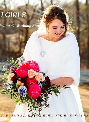 Tgirls Women's Wedding Faux Fur Shawl and Wrap Bridal Fur Stole Cape Fur Scarf for Bride and Bridesmaids4