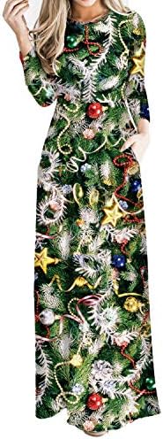 Women's Christmas Dress Xmas Print Party Ugly Christmas Long Maxi Dress with Pockets