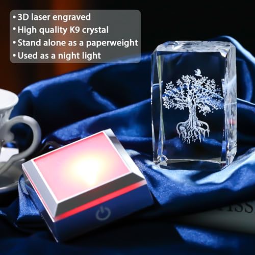 Image of Tree of Life Crystal Cube - 3D Laser Engraved Color Changing LED Light Base | Premium Home Desk Decor, Spiritual Gifts for Women Men, Night Light & Paperweight