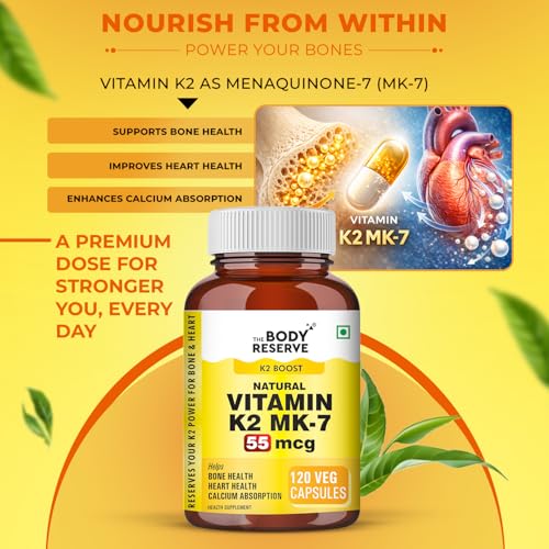Image of The Body Reserve Vitamin K2 MK7 55 mcg - Highly Bioavailable Menaquinone-7 | Better Calcium Utilization for Strong Bones & Heart Health | Activates Osteocalcin & Matrix GLA Protein | 120 Vegetarian Capsules