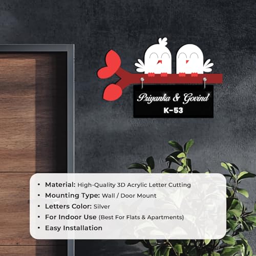 Image of Love Birds Hanging Nameplate for Home Entrance | Customized Name Plate with MDF & Acrylic | Decorative Wall Name Plate for Indoor Use