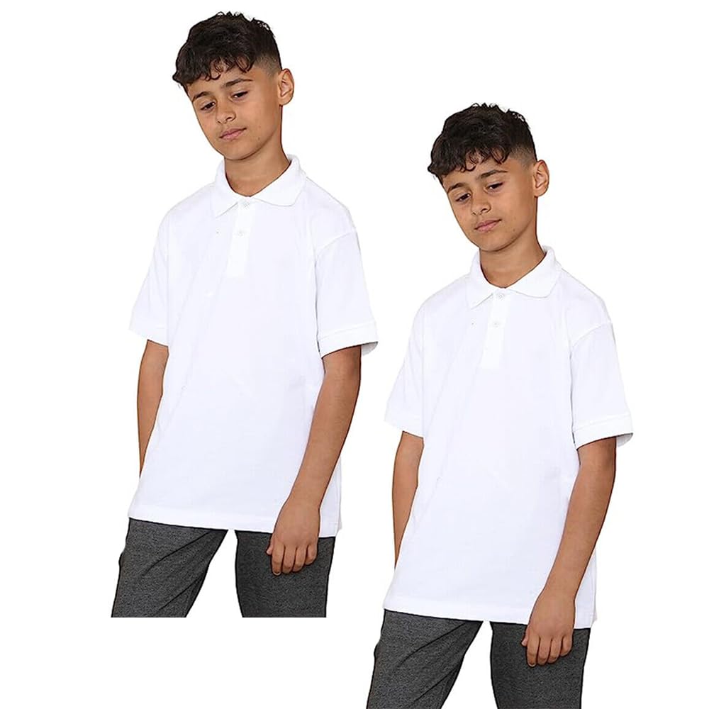 KHIM Paquete de 2 polos unisex de manga corta de polialgodón para niños y niñas, uniforme escolar liso de media manga, ropa deportiva para interiores y exteriores