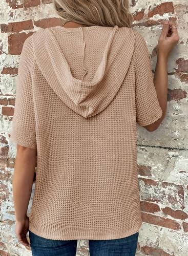 Image of Dokotoo Womens Summer Tops Waffle Knit Short Sleeve Lightweight Drawstring Hoodies Button V Neck Casual Blouses Shirts