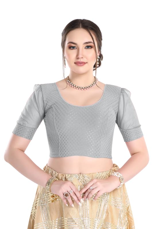 Image of FINESTFIT Stay On Trend Fashion 100% Cotton Readymade Blouses for Women,Round Neckline with Organza Balloon Sleeves.
