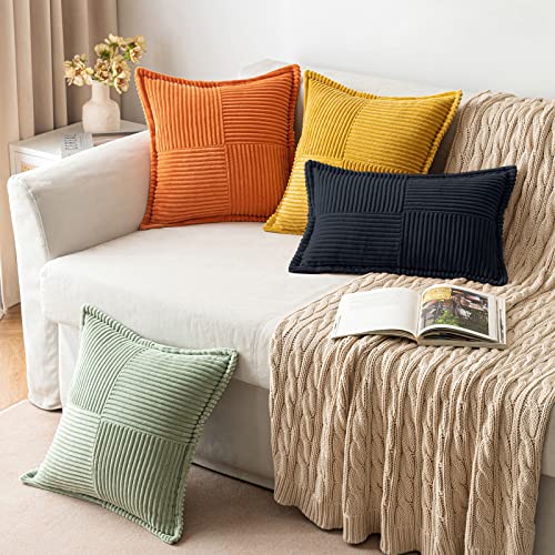 Image of MIULEE Decorative Throw Pillow Covers for Couch Bed Livingroom 18x18 Inch Set of 2 Black Boho Accent Throw Pllows Broadside Striped Patchwork Soft Corduroy Pillowcases