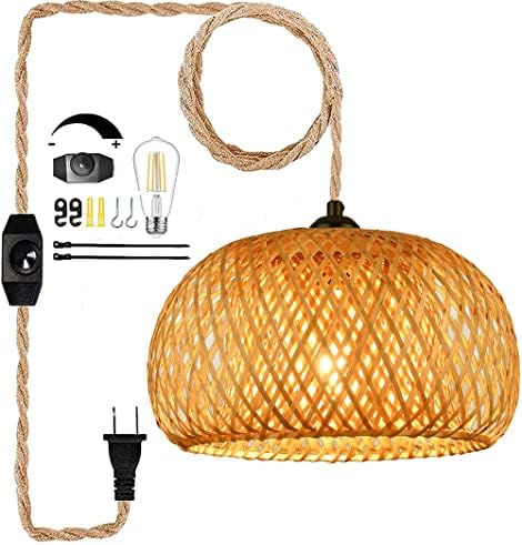 Plug In Chandelier Rattan Light Fixture Woven Pendant Light Wicke...