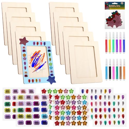 LOPYXBR 10PCS Wooden Frames for Craft, DIY Wooden Photo Frame 6x4 inch, Paint Your Own Picture Frame Kit with Glitter Stickers and Color Pens, Rectangular Frame for Gift DIY Paint Decorate