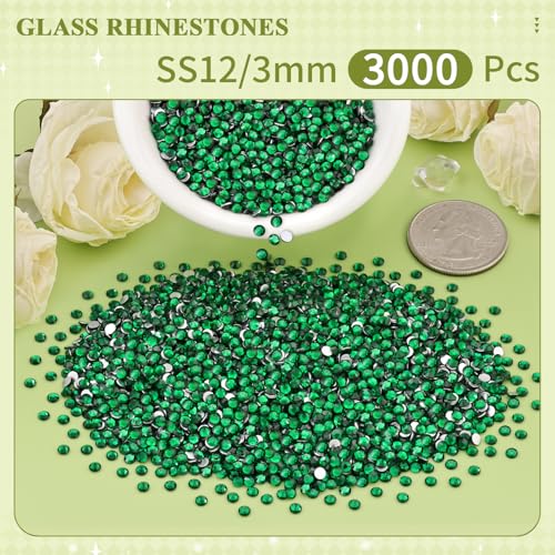 Image of 3000PCS SS12 /3mm Crystal Glass Rhinestones for Bedazzling (Emerald Green) | Flatback Rhinestones for Crafting DIY Nail Art Makeup Decoration, Gems Diomand Charms for Tumbler Shoes Clothing Mug