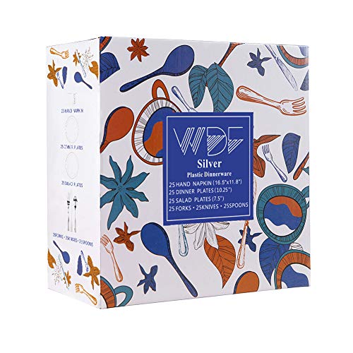 Wdf 150Pcs Silver Rim Plastic Plates - Disposable Plastic Silverware&Hand Napkins, Christmas Plates Include 25 Dinner Plates,25 Salad Plates,25 Forks, 25 Knives, 25 Spoons,25Disposable Napkins #TOP5