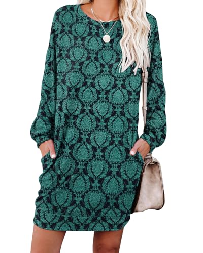 PrinStory Pulloverkleid Damen Elegant Freizeitkleider Lässig Rundhals Winterkleider Tuinc Tops Sweatkleid Mit Taschen (Blau Grüne Blume, XXL)