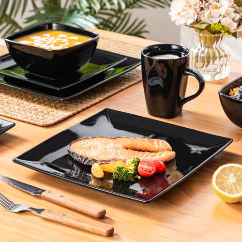 Image of vancasso Soho Dinnerware Sets 24 Pieces, Black Stoneware Square Place Setting, Dinner Plate, Cups and Plates Sets for Kitchen, Dish Set for 6