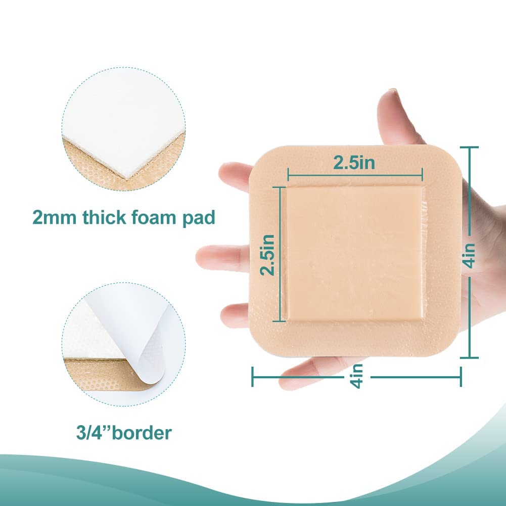 Bordered Silver Silicone Foam Dressing 4"x 4" (2.5"x 2.5" Pad), Ag Absorbent Pad, Adhesive Waterproof for Full and Thick Exuding Wounds, 5 dressings