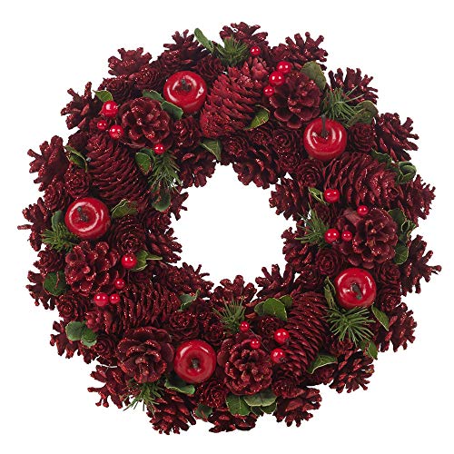 URBNLIVING Artificial Christmas Wreath, Resin Material Pinecone Leaves Berries Xmas Indoor Outdoor Ornament Display Item, 24-34cm, Multiple Colours (Red, 34cm)
