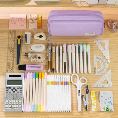 Image of MAMUNU Large Capacity Pencil Case, 3 Compartments Canvas Pencil Pouch with Zipper, Aesthetic Pencil Bag Pen Pouch for School Office Students Teen Girls Boys, Purple