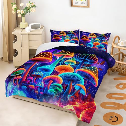 Image of AILONEN Kids Mushroom Bedding Set Queen Size,Starry Night Wild Fungus Duvet Set for Boys Girls,Colorful Mushroom Butterfly Comforter with 2 Pillowcases,3Pcs