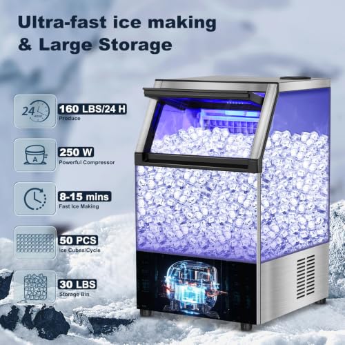 Image of Commercial Ice Maker Machine, 160 lbs /24H with 30 lbs Storage Bin
