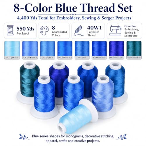 Image of Simthread 8 Shades 550Yds Each 40WT Polyester Embroidery Thread Blue Set | 8-shade blue set with 550Yds each offers smooth 40WT polyester thread for home and commercial embroidery machines.