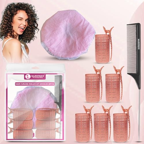 Image of Majestique Hair Curler Roller Kit with Reusable Shower Head Cap - Hair Roller Curler for Volume & Styling | Velcro Hair Rollers with Tail Comb & Clips | Heatless Hair Curler Set for Women | Hair Styling Tools 8Pcs Multicolour (Multicolor, Medium)