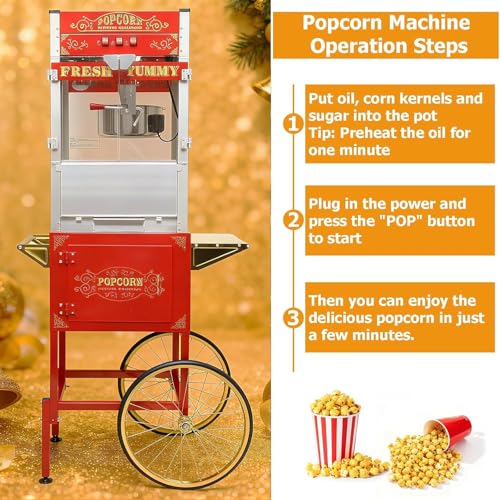 Image of Commercial Popcorn Machine with Cart & Wheels - Popcorn Maker with 26OZ Stainless Steel Kettle, Pop corn Machine Maker for Home, Parties, Movie Theater, Red