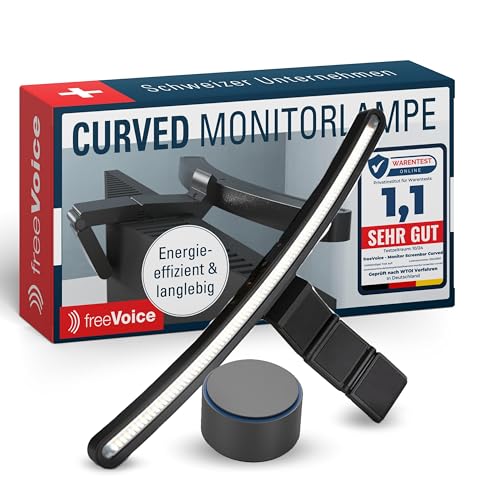 freeVoice Monitor Screenbar Curved I Augenschonende Bildschirmlampe mit Anti-Blue-Light I Monitorlampe mit einstellbarer Farbtemperatur & Auto-Dimmer I Blendfreie Monitorleuchte mit Clip-Befestigung