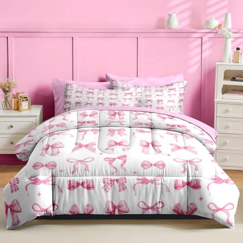Image of Nesker Bow Comforter Set Twin Size, 5 Pieces Bed in a Bag, Pink Bow Bedding Set for Girls, Ribbon Bowknot Comforter Set with 1 Pillowcase & 1 Sham