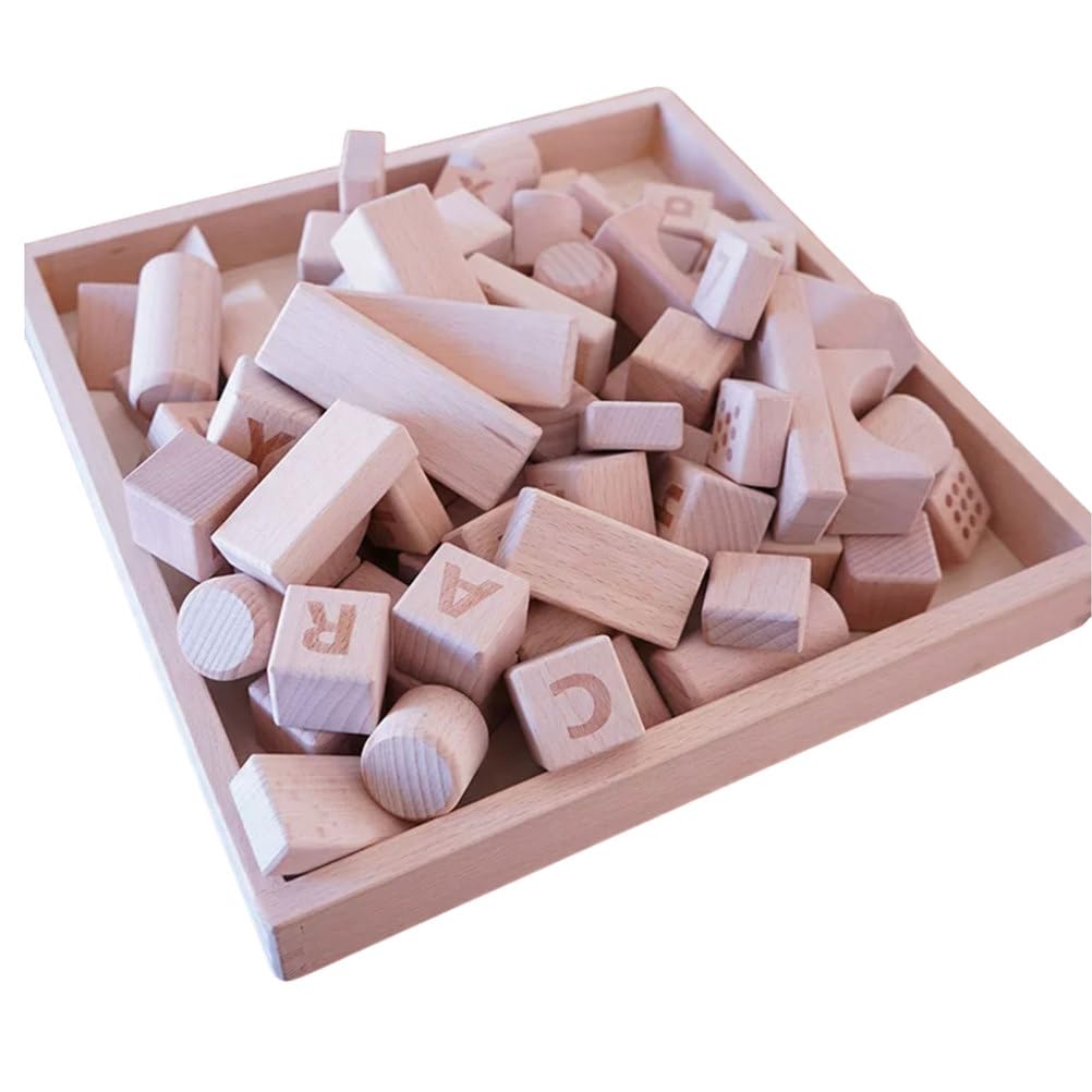Blocchi da Costruzione in Legno di faggio Naturale Montessori | Blocchi di Legno Grandi Non Verniciati, Giocattolo Sicuro per la Dentizione del Bambino con Forme di Alfabeto e Numeri