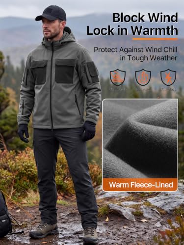 Image of FREE SOLDIER Men's Waterproof Softshell Jacket Fleece Lined Outdoor Jacket Tactical Military Hoodie Windbreaker