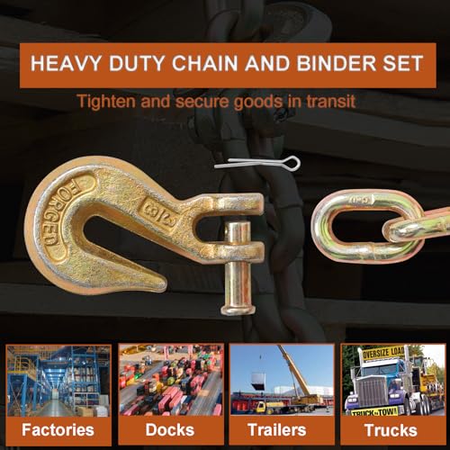 Image of 3 /8 Inch x 20FT G80 Transport Binder Chain Safety /Binder Chain with Clevis Grab Hooks 7,100 lbs Safe Working Load Logging Chain for Transporting Towing Tie Down Binding Equipment, Pack of 2