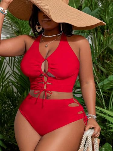 Image of SOLY HUX Women's Plus Size Bikini Set Sexy Swimsuit Lace Up Tummy Control 2 Piece Bathing Suit