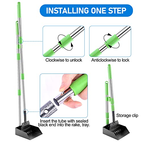 Image of TNELTUEB Dog Pooper Scooper, Metal Pet Poop Tray and Rake with Long Stainless Handle Best Bin with Rake for Large Dog (2 Pcs Green)