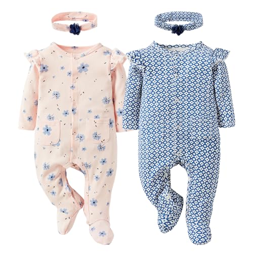 Baby Girls 2-Piece Romper and Headband Set- 100% Cotton Snap Closure Outfit for 0-12 Months