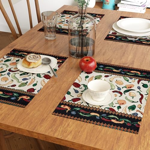 Image of Encasa XO Boho Jacquard Woven Dining Table Placemats, Vintage Chilies | Tapestry Style | Machine Washable | Stain & Heat Resistant | Non-Fading Non-Shrink Fabric | Set of 4