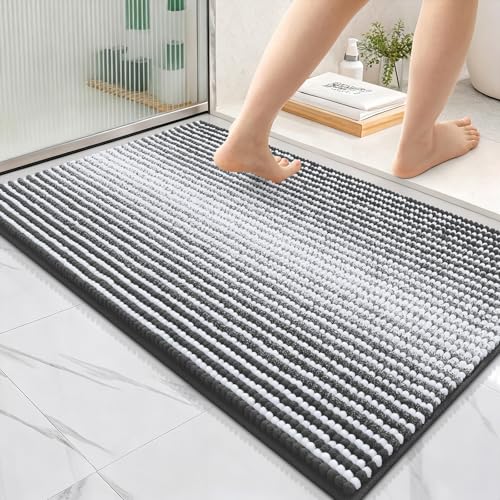 Image of OLANLY Bathroom Rugs 36x24, Extra Soft Absorbent Chenille Striped Bath Rugs, Rubber Backing, Machine Wash Dry, Bath Mats for Bathroom Floor, Tub and Shower, Home Decor Accessories, Dark Grey