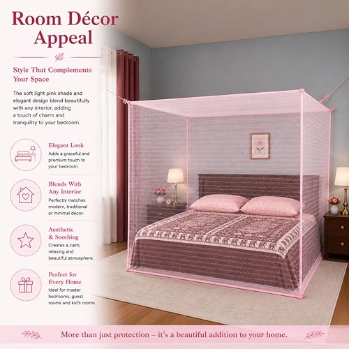 Image of Mosquito Net for King Size Bed & Double Bed (6x7 ft, Wall /Hook Hanging) Poly-Cotton Blend Fabric with Zigzag Wave Line Pattern, Pre-Fitted Bottom & Cotton Ribbon (Pearl Pink)