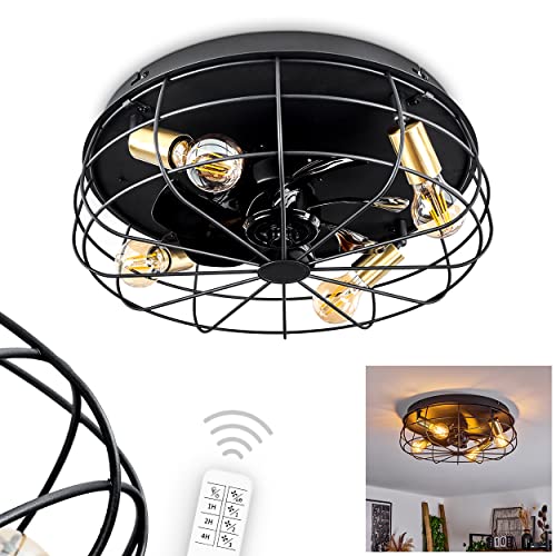 hofstein Ventilador de techo Moscavide, ventilador de metal/plástico en negro/latón, con mando a distancia, lámpara de techo con focos orientables, 4 x E27 IP20, sin bombillas