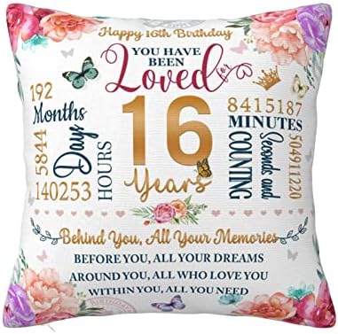 16th Birthday, Sweet 16 Gifts for Girls Pillow Cover 18”x 18", 16th Birthday Gifts for Girls, Sweet Sixteen Gifts for Girls, Sweet 16 Party Decorations, Sweet 16 Ideas for Niece Sister Granddaughter