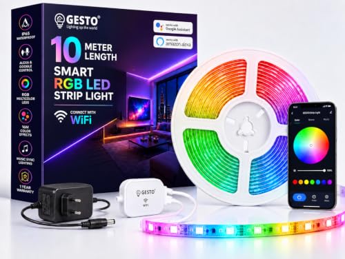 Image of Gesto 10 Meter Smart RGB LED Strip Light with Adaptor | 600 LED Strip with App Control, Alexa & Google Assistant | 16 Million Color Effects,Music Sync | LED Light for Ceiling,Bedroom & Diwali Decor
